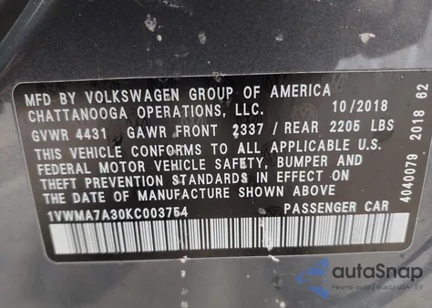 2019 Volkswagen Passat 2.0T Se R-Line z USA, uszkodzony, nr VIN 1VWMA7A30KC003754